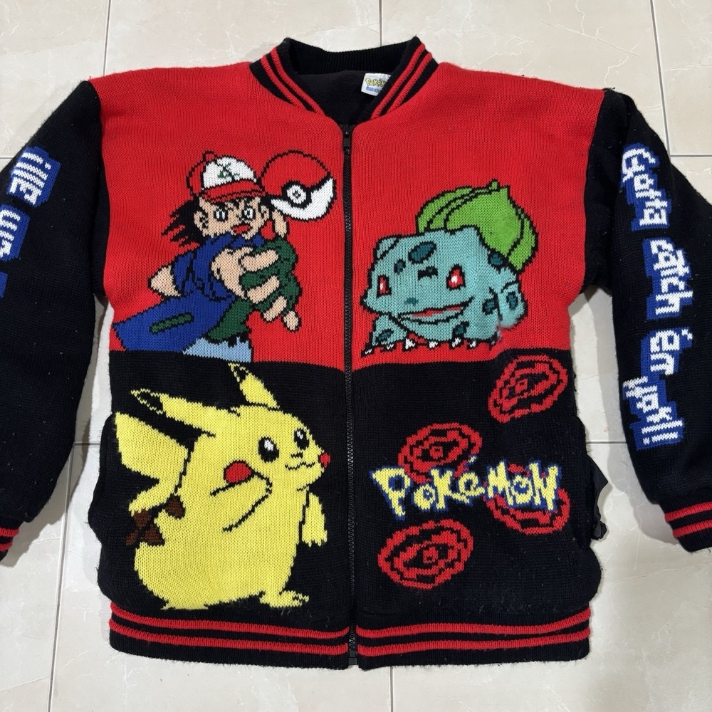 Vintage 90s Pokémon RARE Zip Sweater Mens Small Knit Pikachu Ash Starters Sleeve